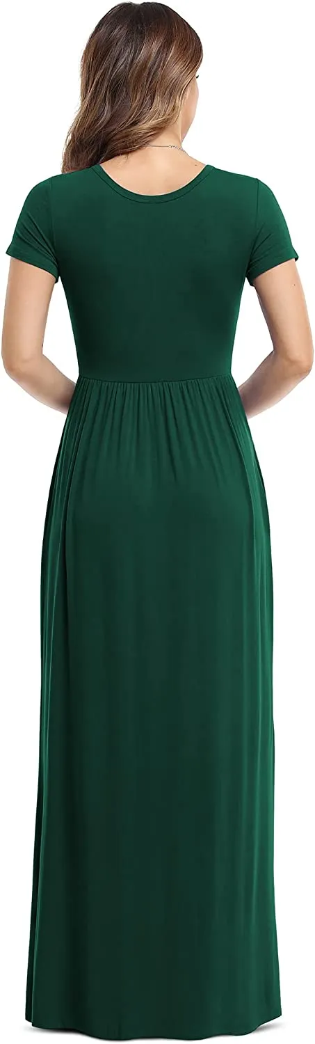 Women's Short Sleeve Loose Plain Maxi Dresses Casual Long Dresses with Pockets