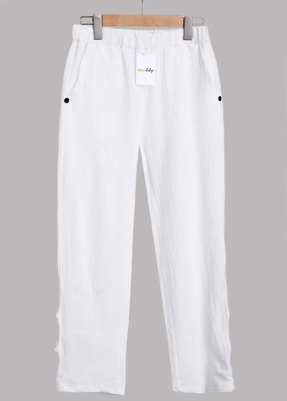 White Button Elastic Waist High Waisted Pants