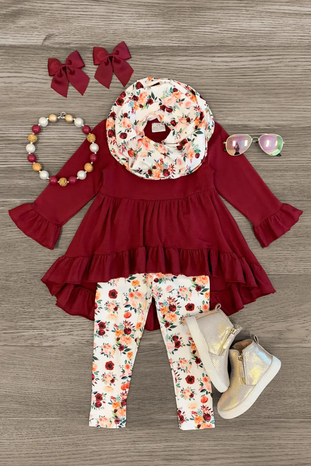 Burgundy Fall Floral Hi-Low Scarf Set