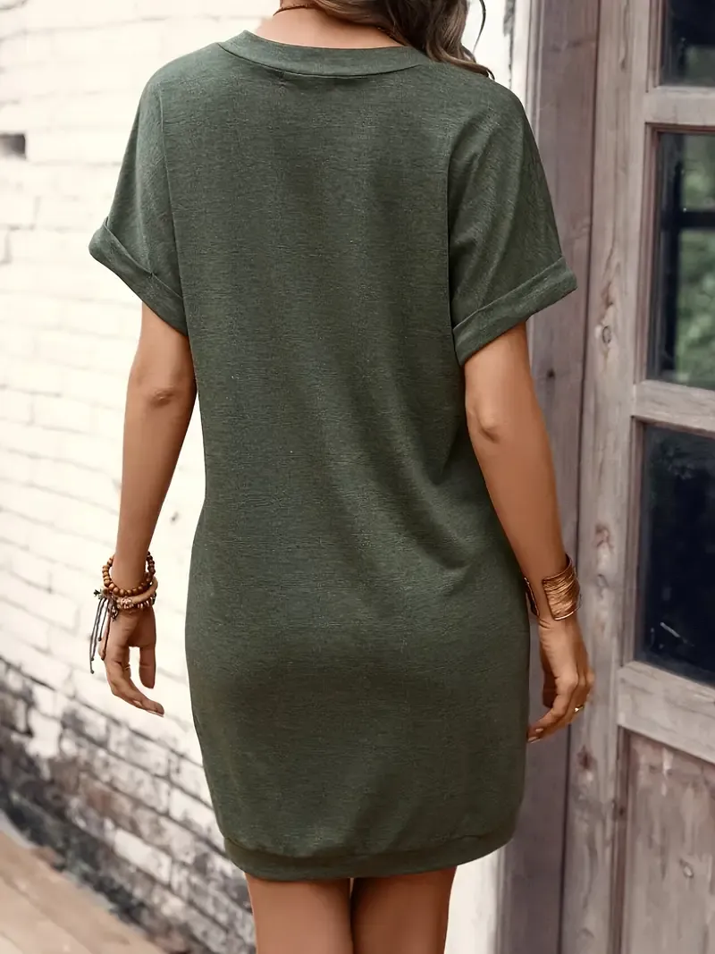 Plus Size Solid Simple V Neck Dress - Casual Short Sleeve Dress For Spring & Summer - For Women - Made from Breathable Fabric - Perfect Gift for Women