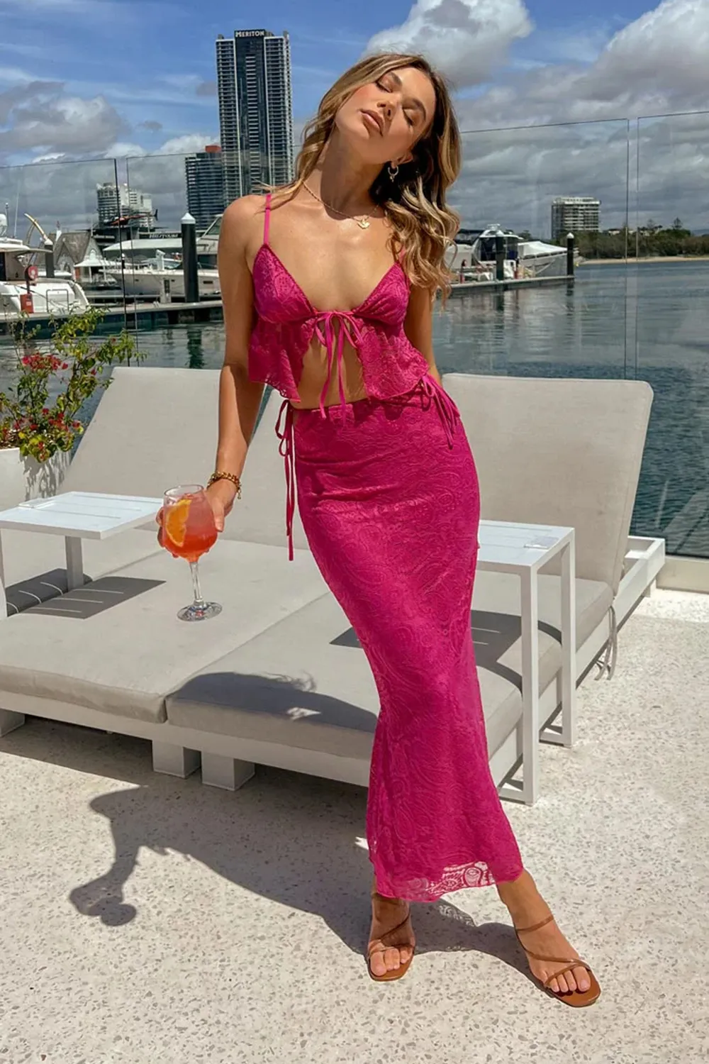 Alexia Fuschia Lace Tie Up Front Top And Skrit Set