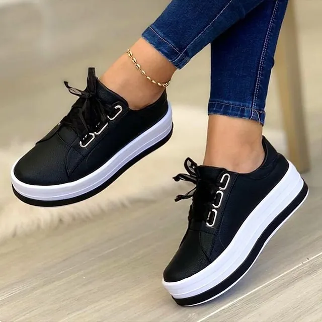 Women's Sneakers White Shoes Plus Size Platform Sneakers Daily Summer Spring Fall Platform Flat Heel Round Toe Sporty Casual Walking Shoes PU Lace-up Solid Color Silver Dark Red Black