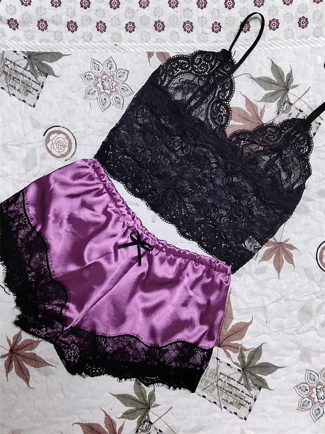 Women's Pajama Top and Pant Sets 2 Pcs Pure Color Fashion Hot Casual Home Daily Bed Satin Breathable Straps Sleeveless Strap Top Shorts Backless Summer Spring Black Pink