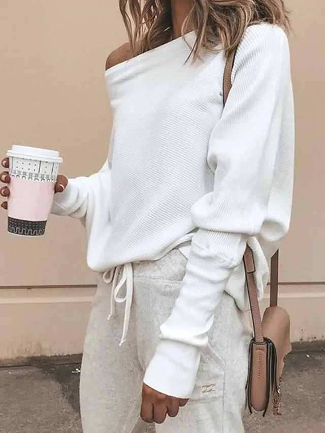 Women's Pullover Sweater jumper Jumper Knit Knitted Solid Color Boat Neck Basic Stylish Outdoor Home Winter Fall Gray White S M L / Long Sleeve / Casual / Going out / Loose Fit