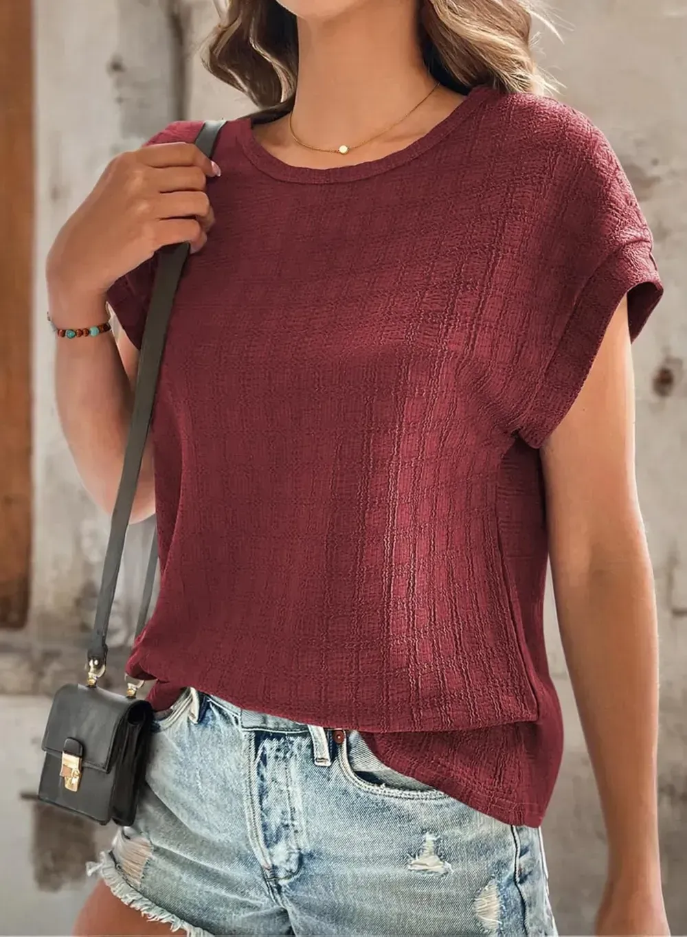 Dokotoo Tops for Women Trendy Summer Casual Cap Short Sleeve Basic Textured Solid Color Round Neck T Shirts Blouse