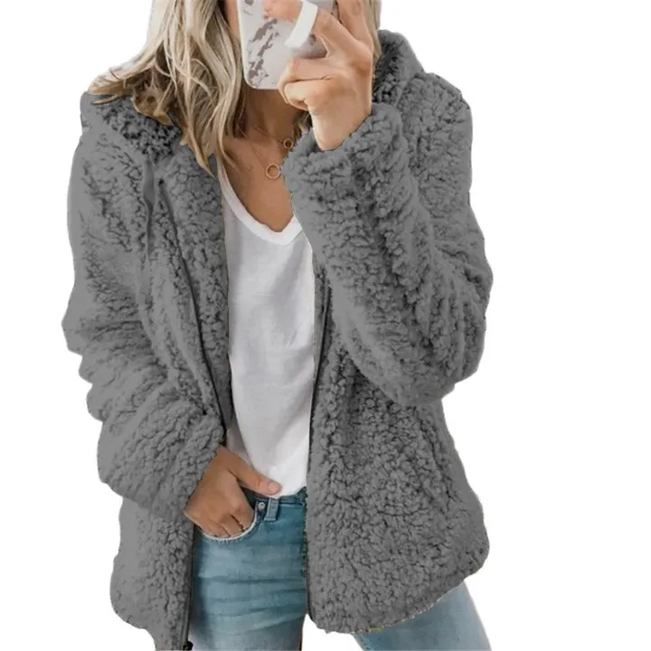 Solid Plush Hooded Zipper Coat