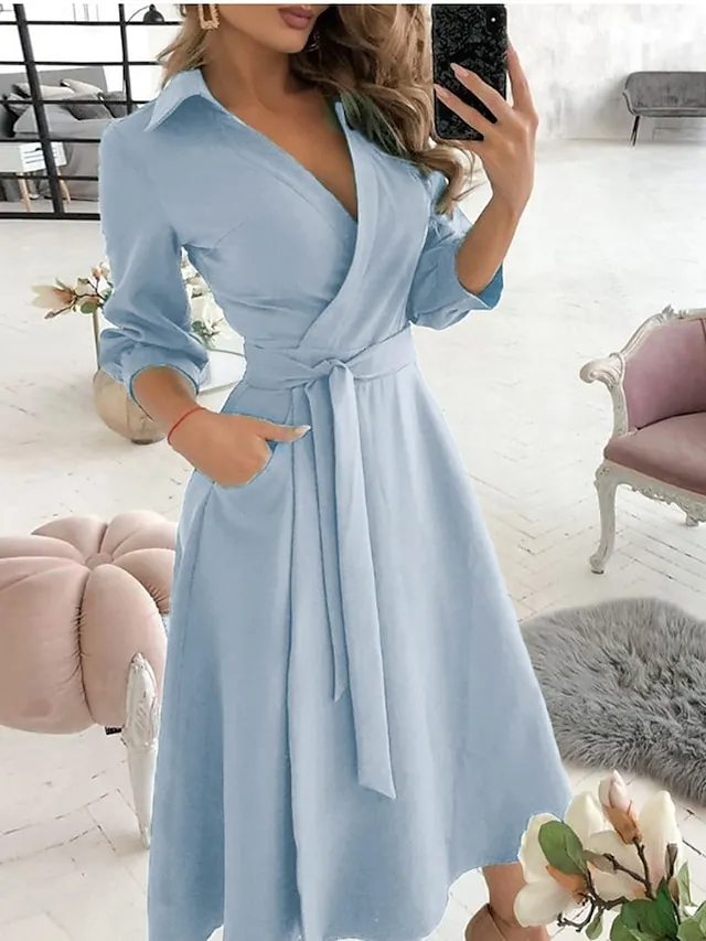 Women‘s A Line Dress Midi Dress Tie dye Letter printing Butterfly print Big wave point Small dots Diamond printing Black khaki Sky Blue Red Long Sleeve Print Butterfly Pure Color Lace up Pocket