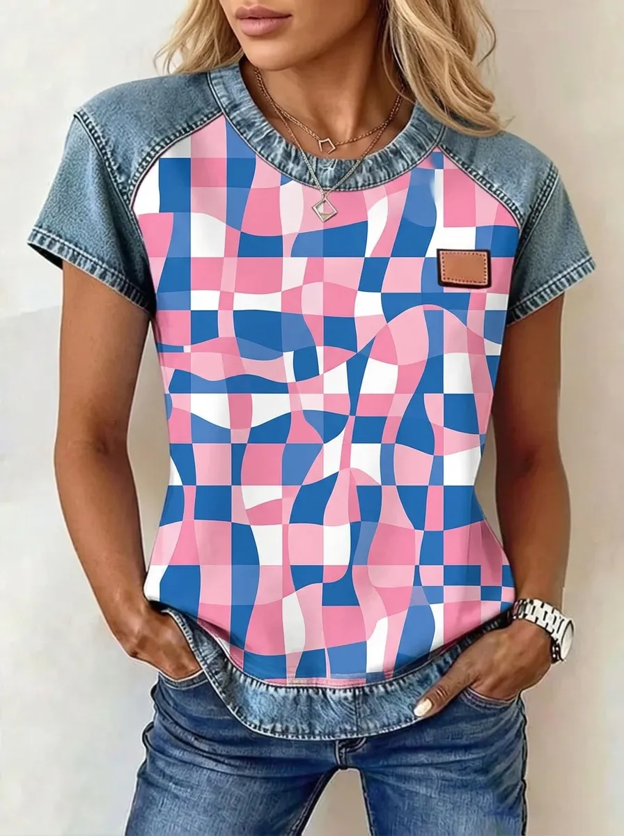 Women's Nashville Country Style Pink Blue Checkered Printed T-shirt