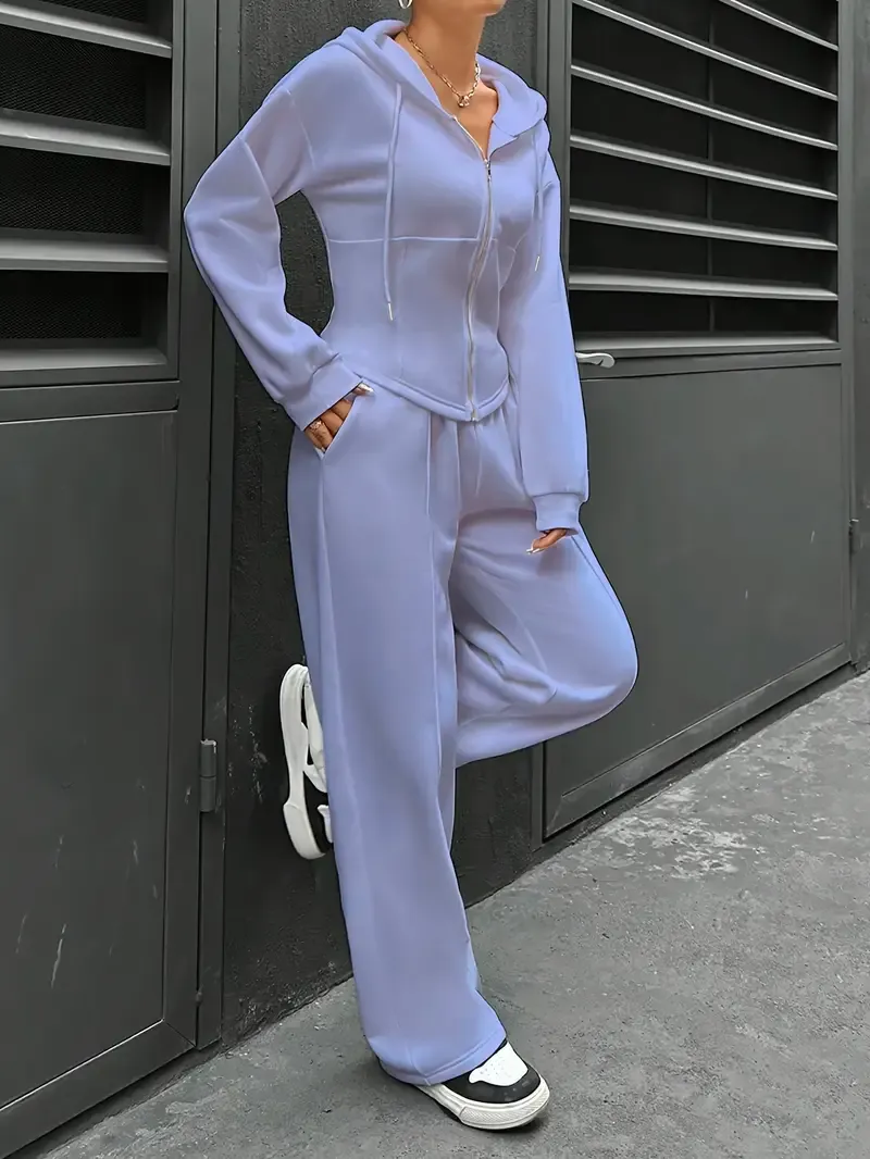 Women's Elegant Solid Color Polyester Hooded Tracksuit Set with Drawstring and Zipper Details – Knit Fabric Pantsuit for All Seasons