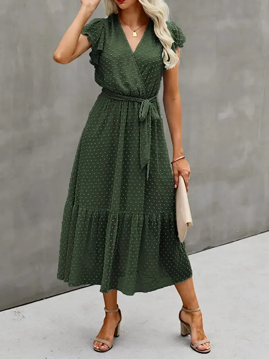 Women Summer Bohemian Floral Casual Wrap V Neck Ruffle Cap Sleeveless Belt A-Line Pleated Hem Swing Midi Sun Dress