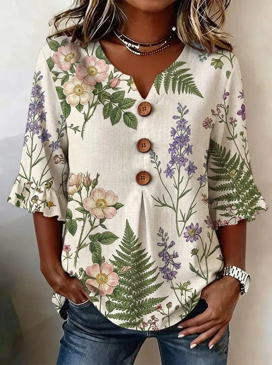 Women's Nashville Botanical Floral Fern Printed V-neck Button Top