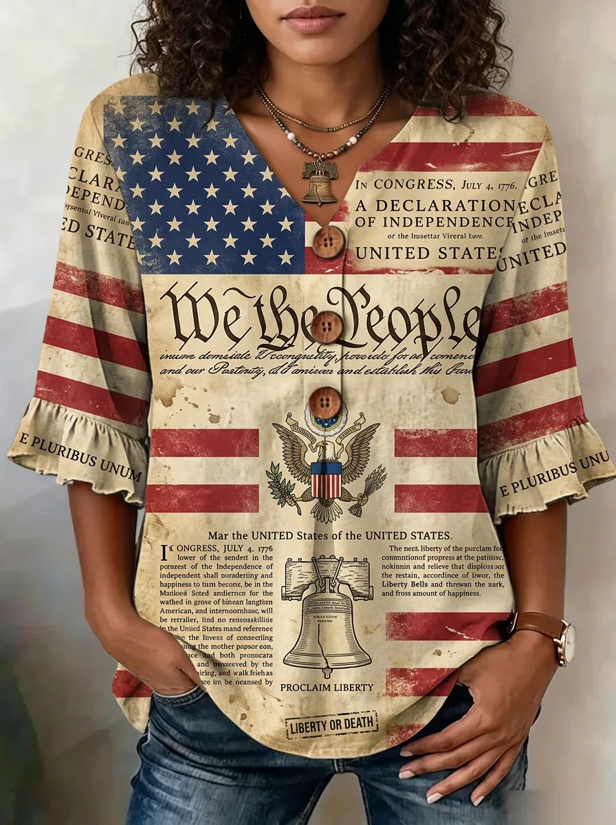 Women's Patriotic USA Flag Declaration Printed V-neck Button Top
