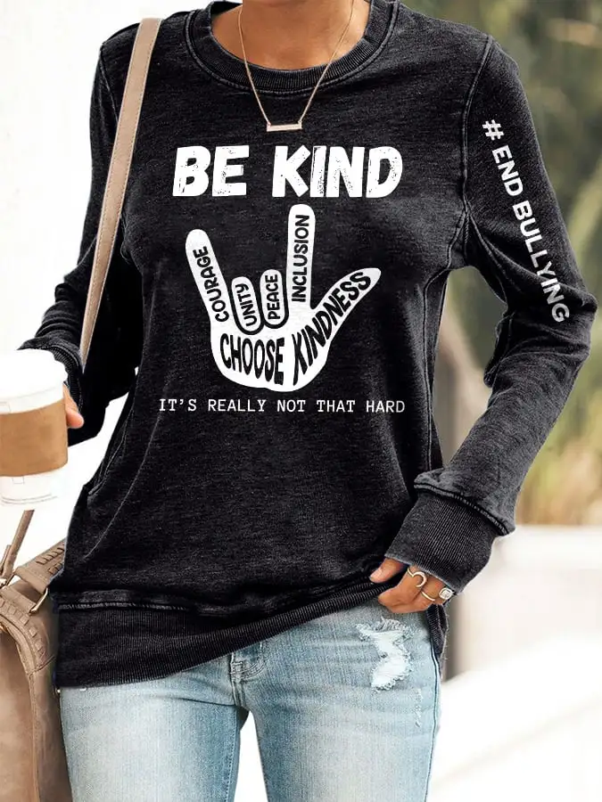 Retro Pink Shirt Day Anti-Bullying Be Kind It's Really Not That Hard Love Hand Sign End Bullying Print Sweatshirt