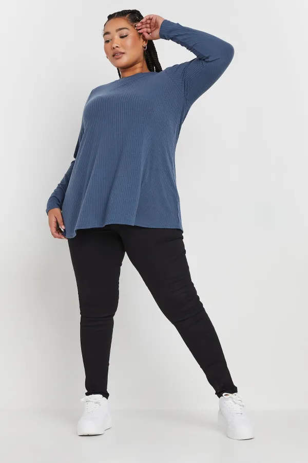 YOURS Curve Black Long Sleeve Ribbed Swing Top