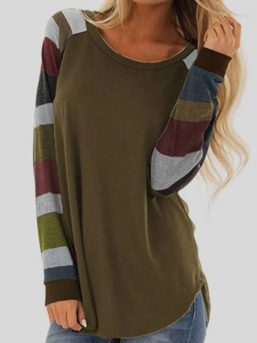 Round Neck  Patchwork  Stripes Long Sleeve T-Shirts