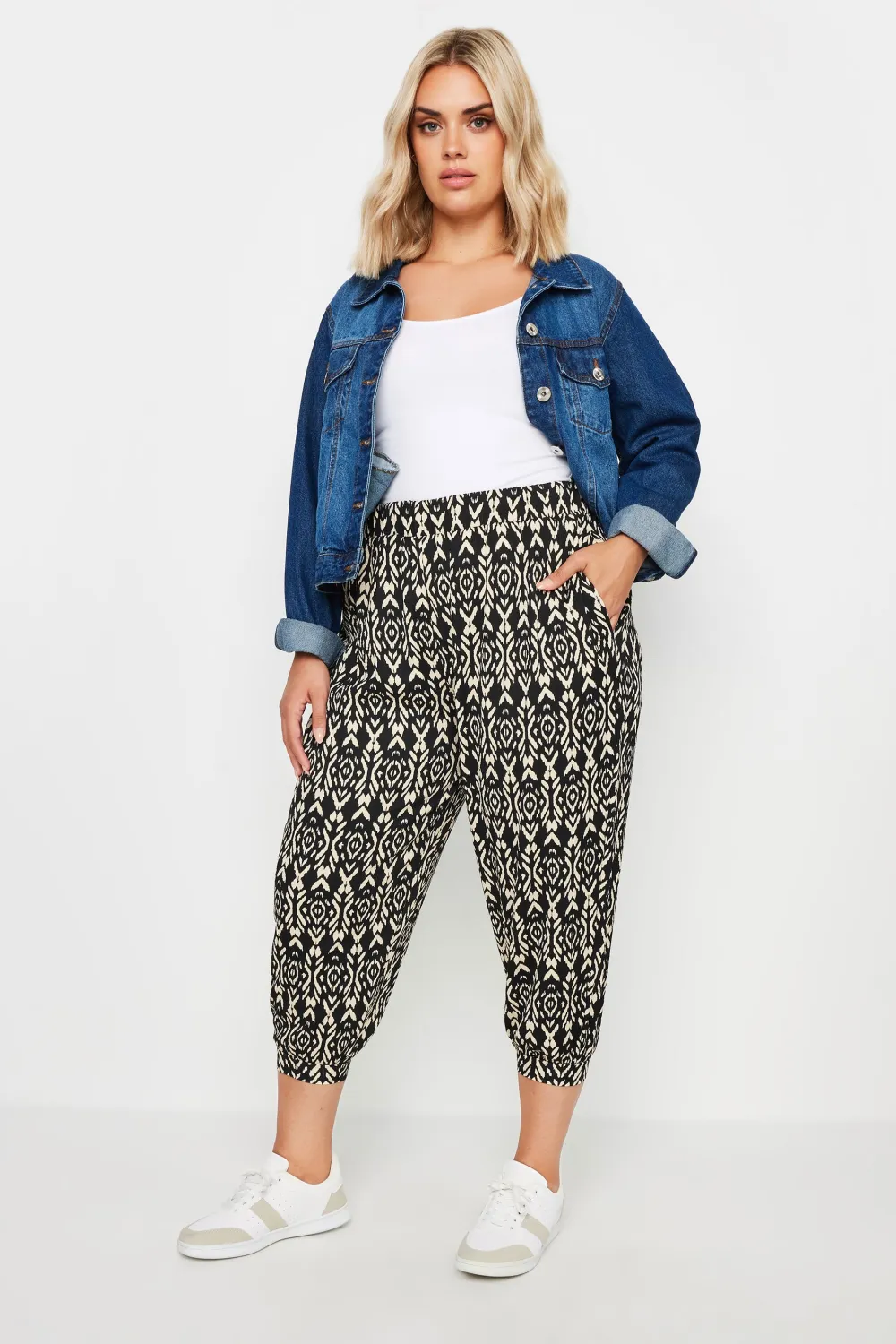 YOURS Curve Yellow Ikat Print Textured Cropped Harem Trousers