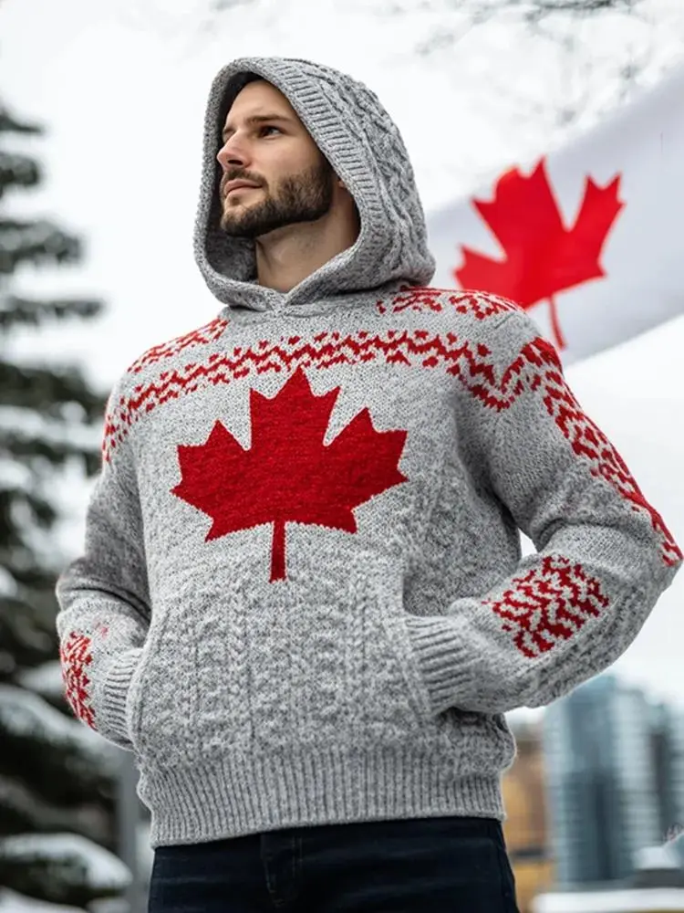 Men's Canada Maple Leaf Pattern Hooded Sweater