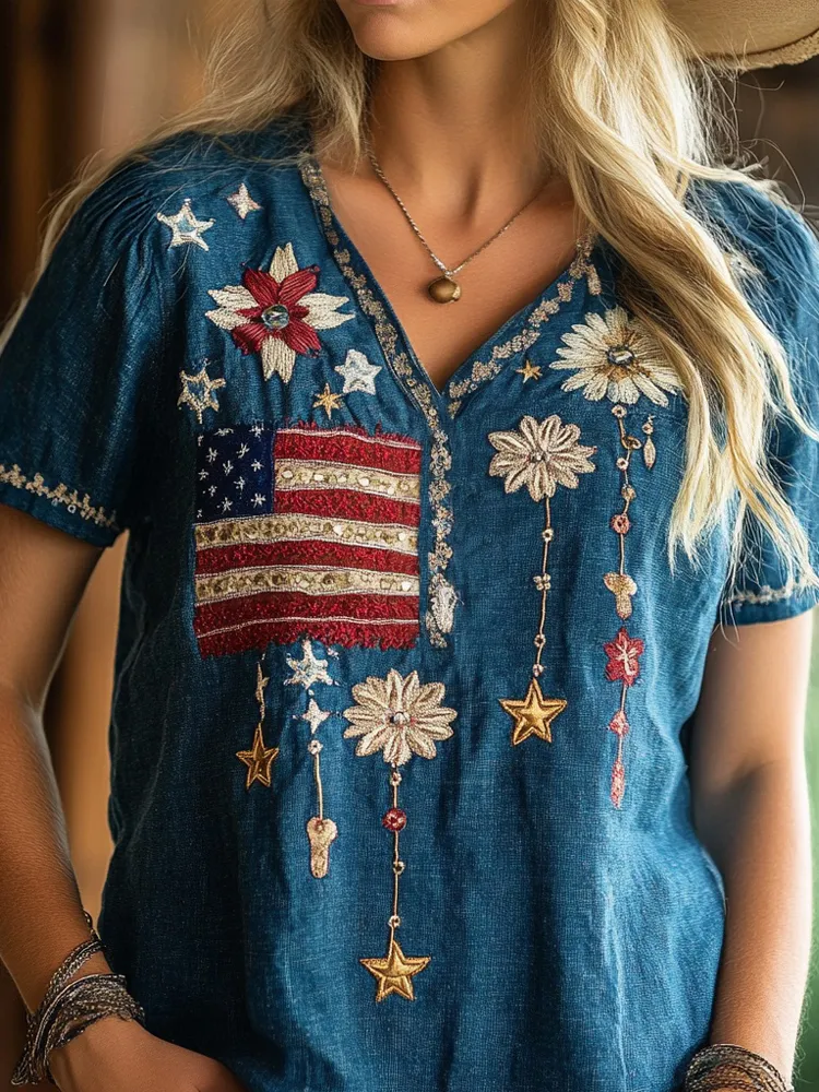 American Flag & Flowers Embroidered Vintage Linen Shirt