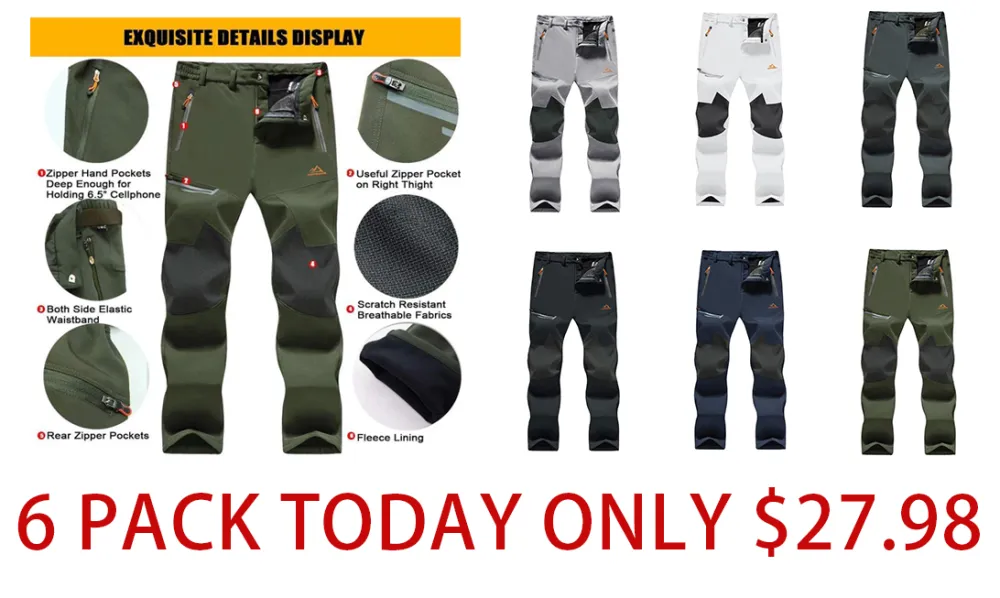 🔥6 Pack-Waterproof Ski Pants for Men, Thermal Fleece Lined Winter Pants with Secure Zip Pockets