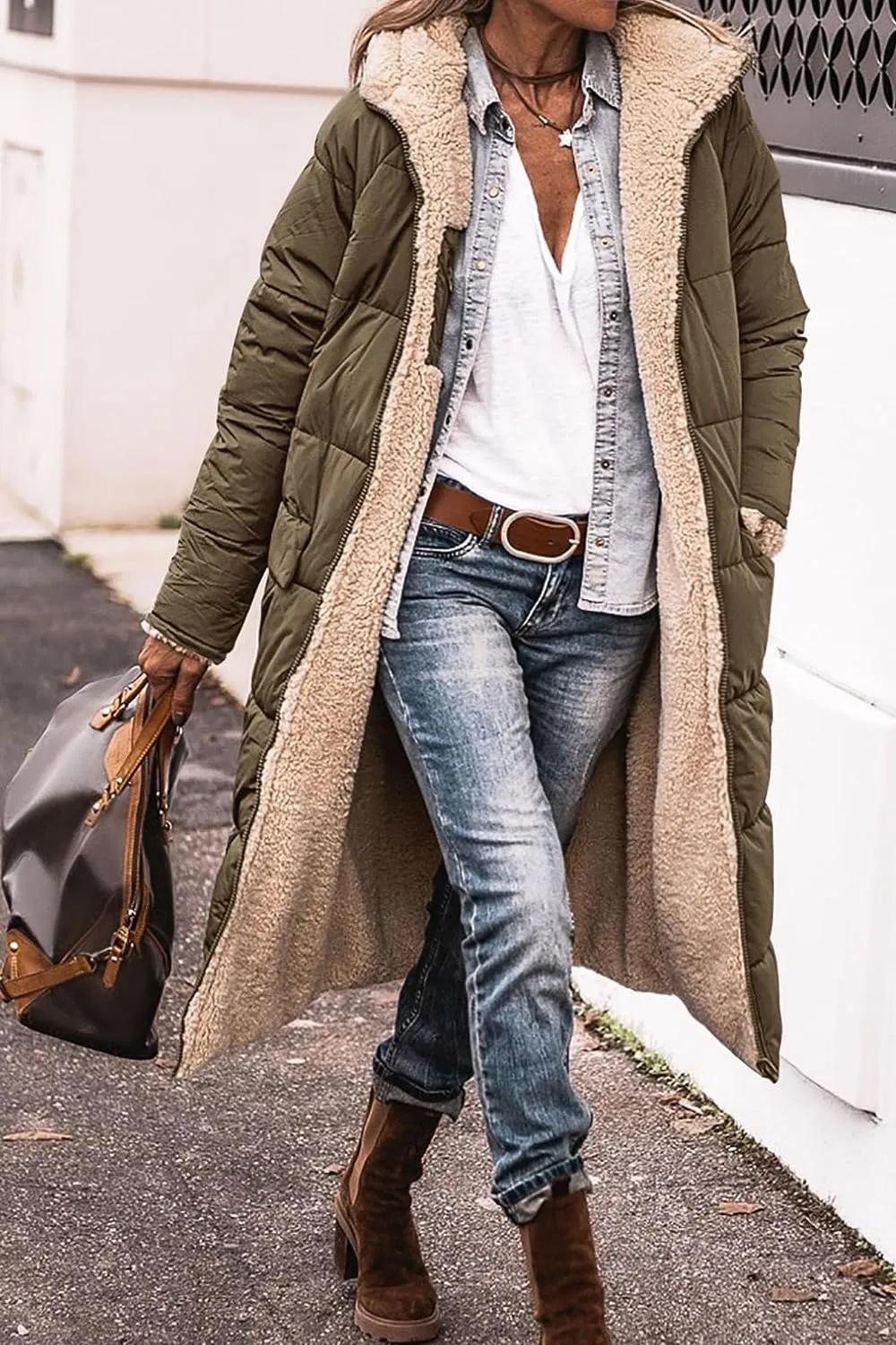Women's 2023 Warm Winter Coats Reversible Sherpa Fleece Long Hooded Puffer Jackets Outerwear