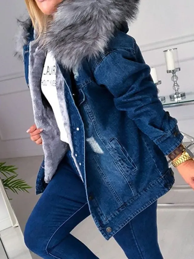 Women's Denim Jacket Hoodie Jacket Daily Fall Winter Regular Coat Loose Fit Streetwear Jacket Long Sleeve Pocket Black Blue Grey