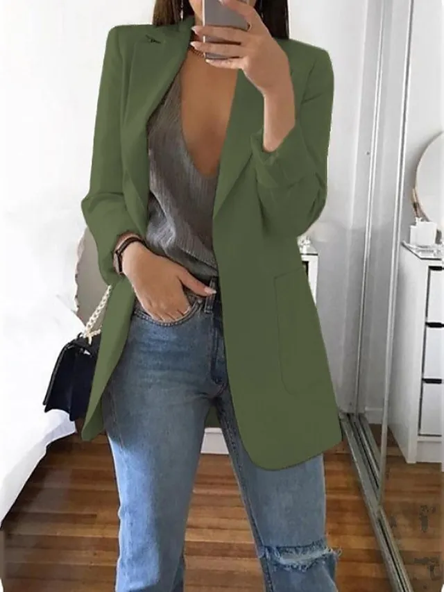 Women's Blazer Casual Pocket Clean Fit Formal Outdoor Daily Wear Polyester Spring Wine Green Black Open Front V Neck Regular Fit S M L XL XXL 3XL / Solid Color