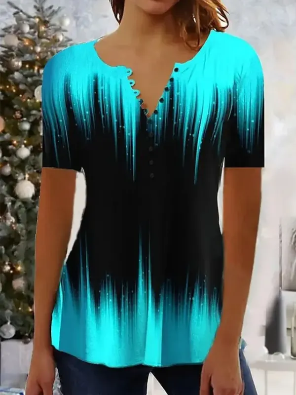 Women's Shirt Blouse White Blue Fuchsia Color Gradient Button Print Short Sleeve Casual Basic Round Neck Regular S