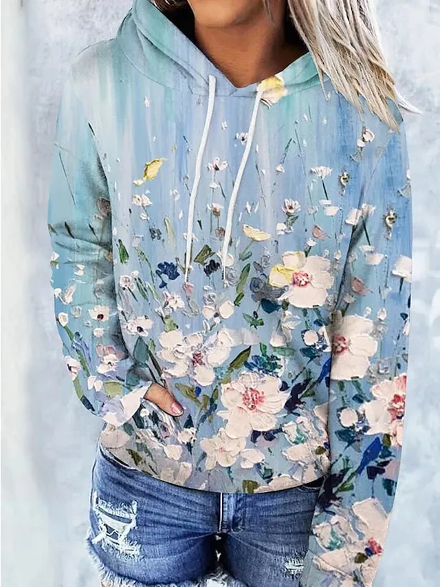 Women's Hoodie Sweatshirt Pullover Vintage Basic Front Pocket Yellow Light Green Blue Floral Street Casual Hoodie Long Sleeve Top Micro-elastic Fall & Winter