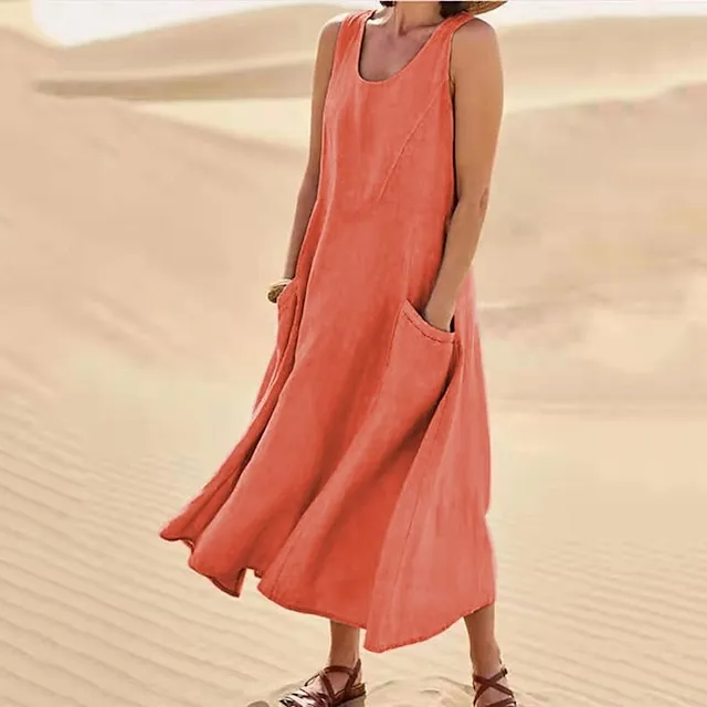 Women‘s Casual Dress Cotton Dress Shift Dress Midi Dress Blue Pink Khaki Sleeveless Pure Color Pocket Spring Summer Crew Neck Basic Daily Vacation Weekend Loose Fit 2023 S M L XL XXL