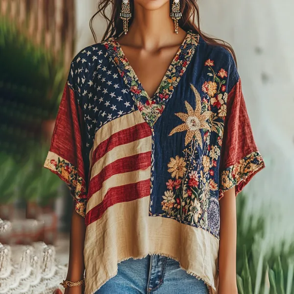 Women's Vintage Independence Day Flag Floral Embroidery Print V-neck Short Sleeve T-shirt