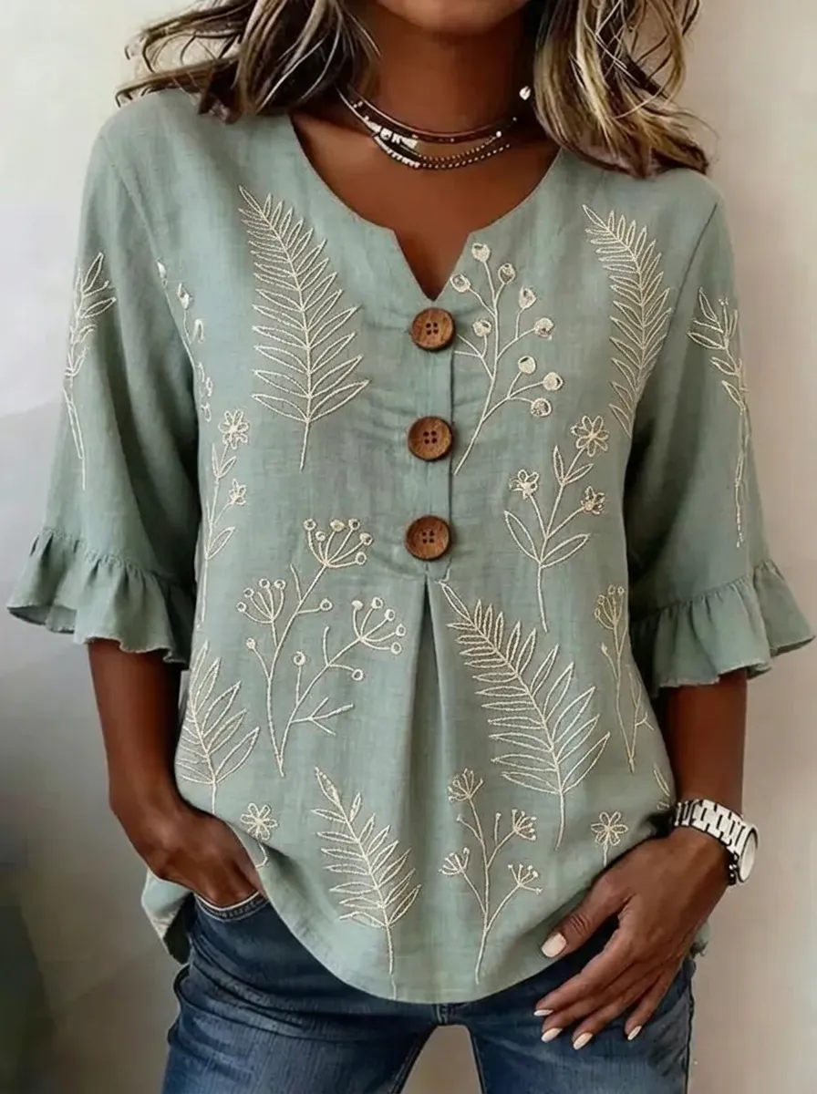 Women's Nashville Botanical Fern Floral Embroidered Buttoned Top