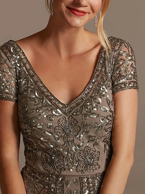 V-neck Beaded Short Sleeve Dress with Godets Mother of the Bride Dress