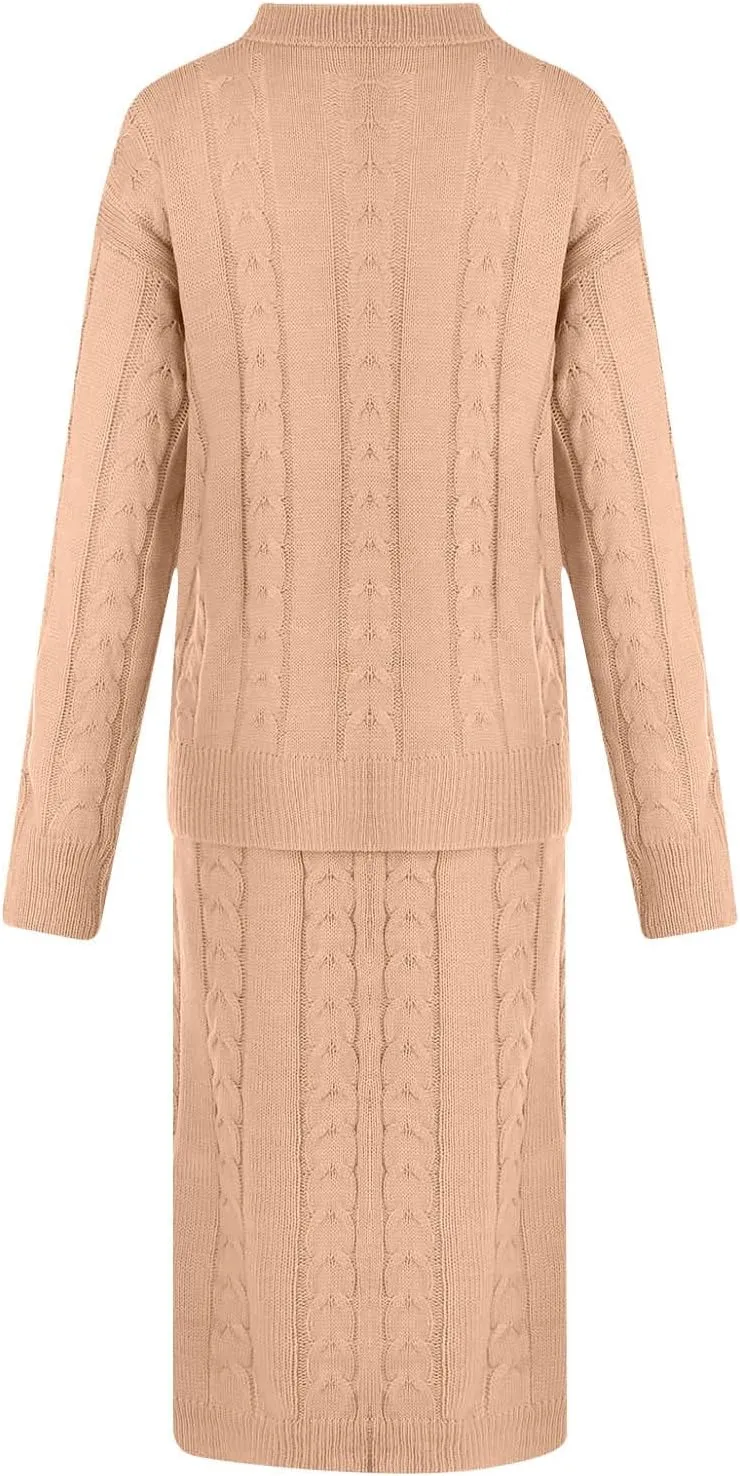 Women 2 Piece Outfits Knitted Sweater Tops and Long Skirt Turtleneck Long Sleeve Bodycon Dress Set Chunky Cable Knit