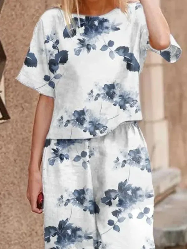 Printed temperament round neck short sleeve ladies cotton linen sets