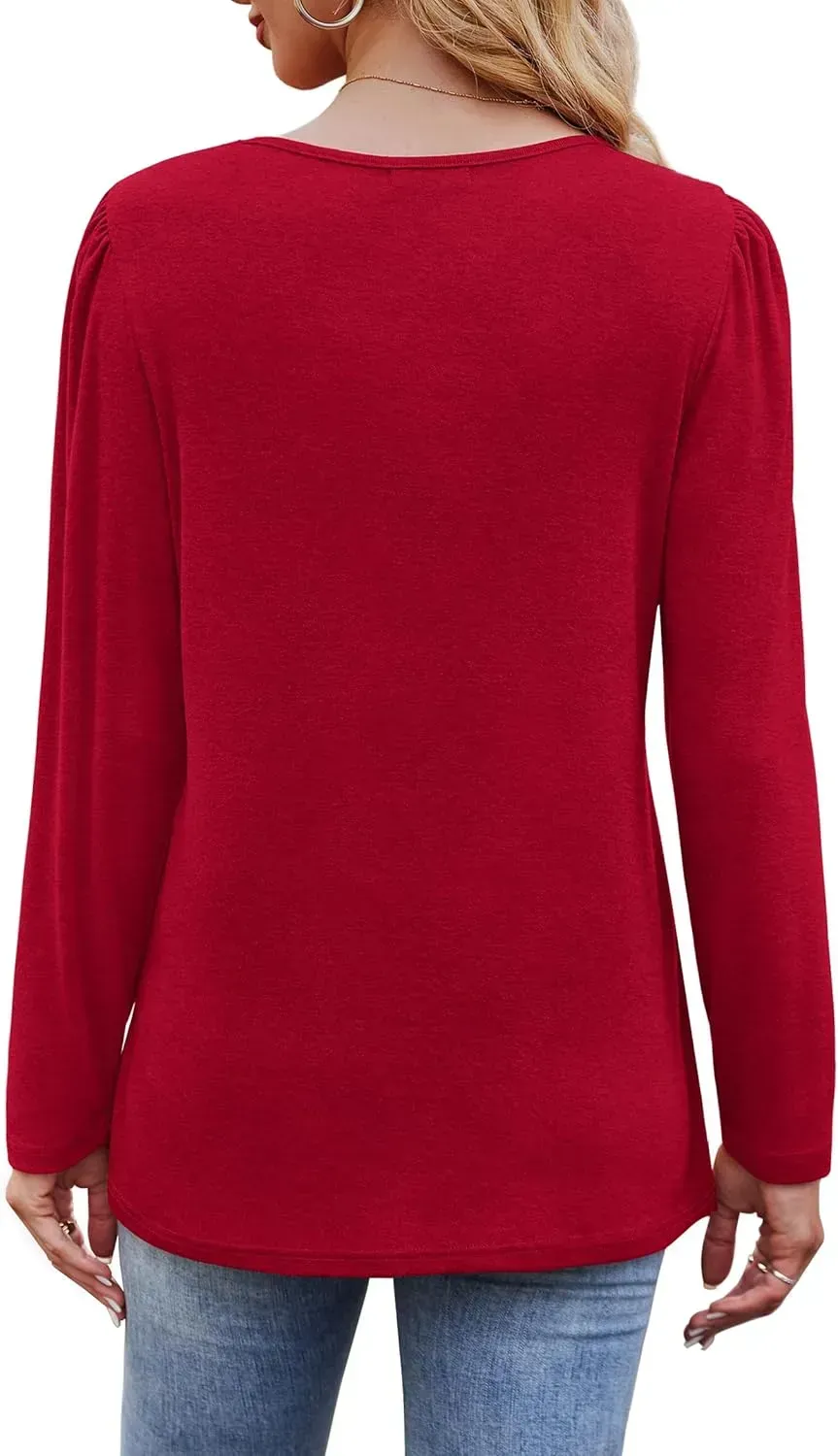 OFEEFAN Long Sleeve Shirts for Women Fall Fashion 2024 Dressy Casual Blouses Trendy Pleated Tunic Tops for Leggings