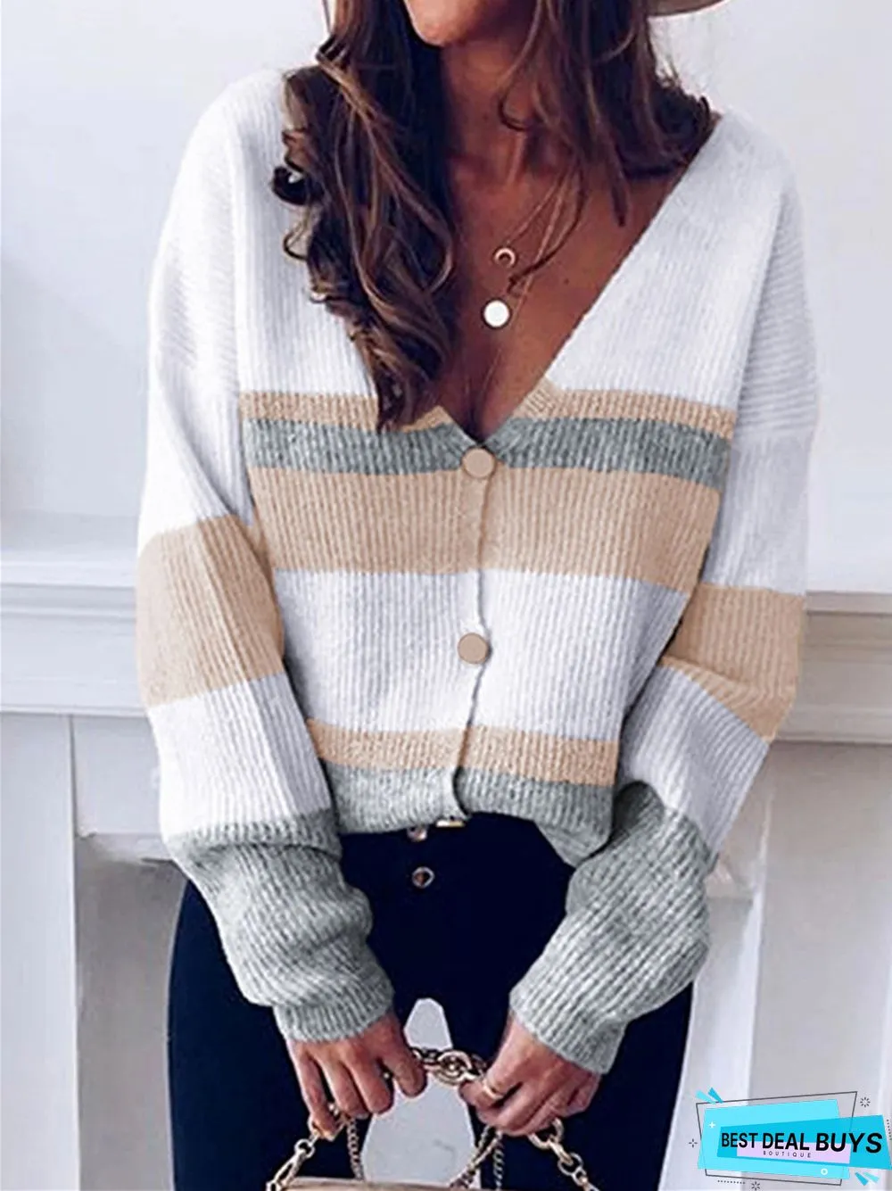 V-Button Striped Stitching Cardigan Sweater
