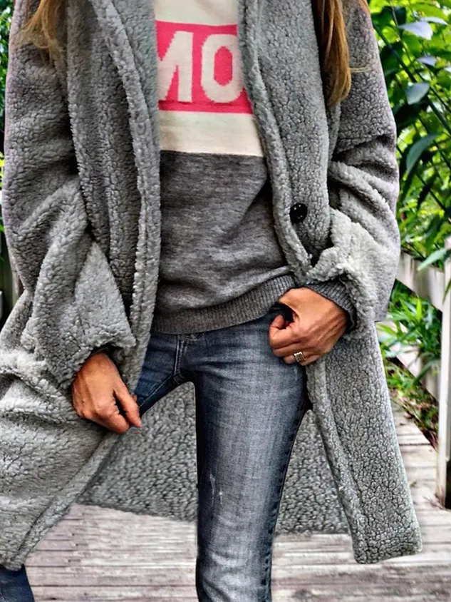 Casual Long sleeve Loose Plain Teddy Jacket