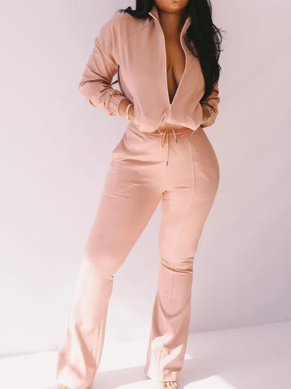 Women's Sets Zipped Pocket Jacket & Flared Pants Two-Piece Set