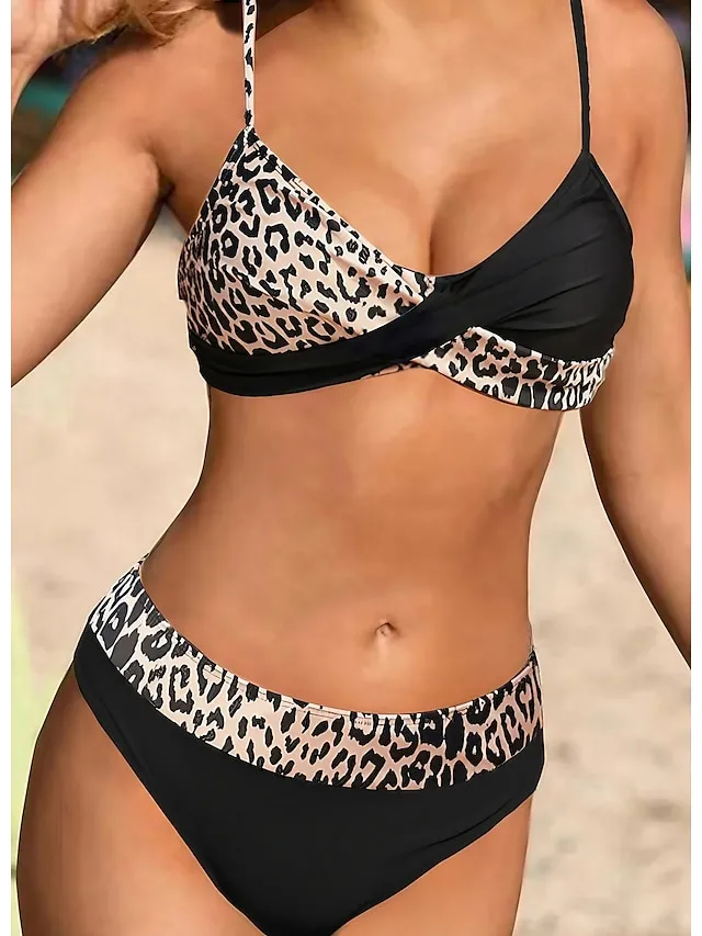 Women's Swimwear Bikini 2 Piece Normal Swimsuit 2 Piece Leopard Black Padded Strap Bathing Suits Sports Vacation Sexy