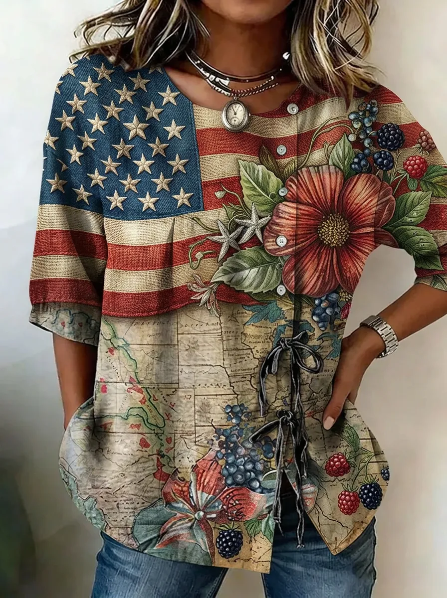 Women's Nashville USA Flag Floral Map Printed Button-up Top