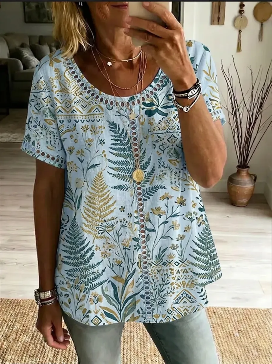 Women's Nashville Botanical Fern Printed Lace Trim T-shirt