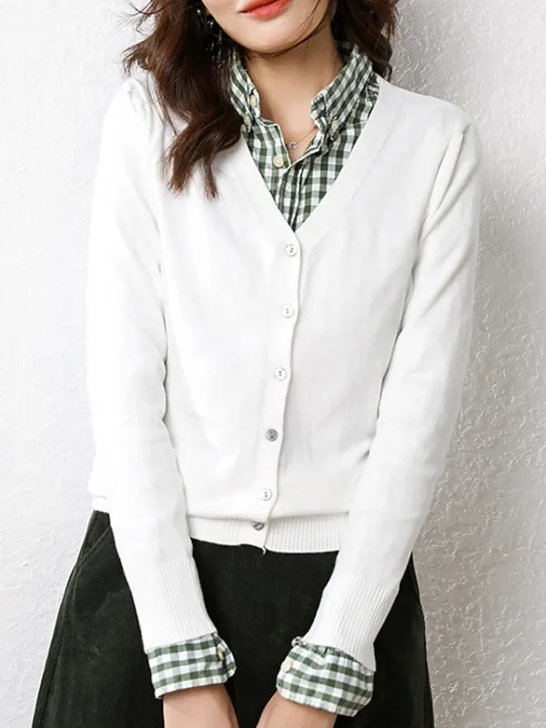 Women's Cardigan Sweater V Neck Ribbed Knit Polyester Button Fall Winter Short Daily Going out Weekend Stylish Casual Soft Long Sleeve Solid Color Haze blue Black White S M L