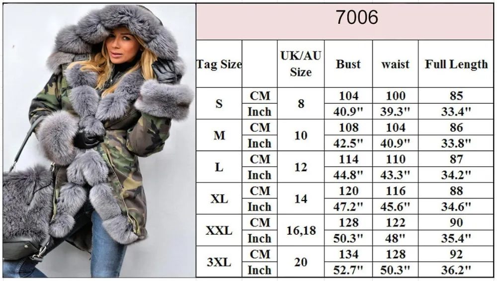 Womens Hooded Camouflage Warm Winter Coats Faux Fur Jacket Parka Overcoat
