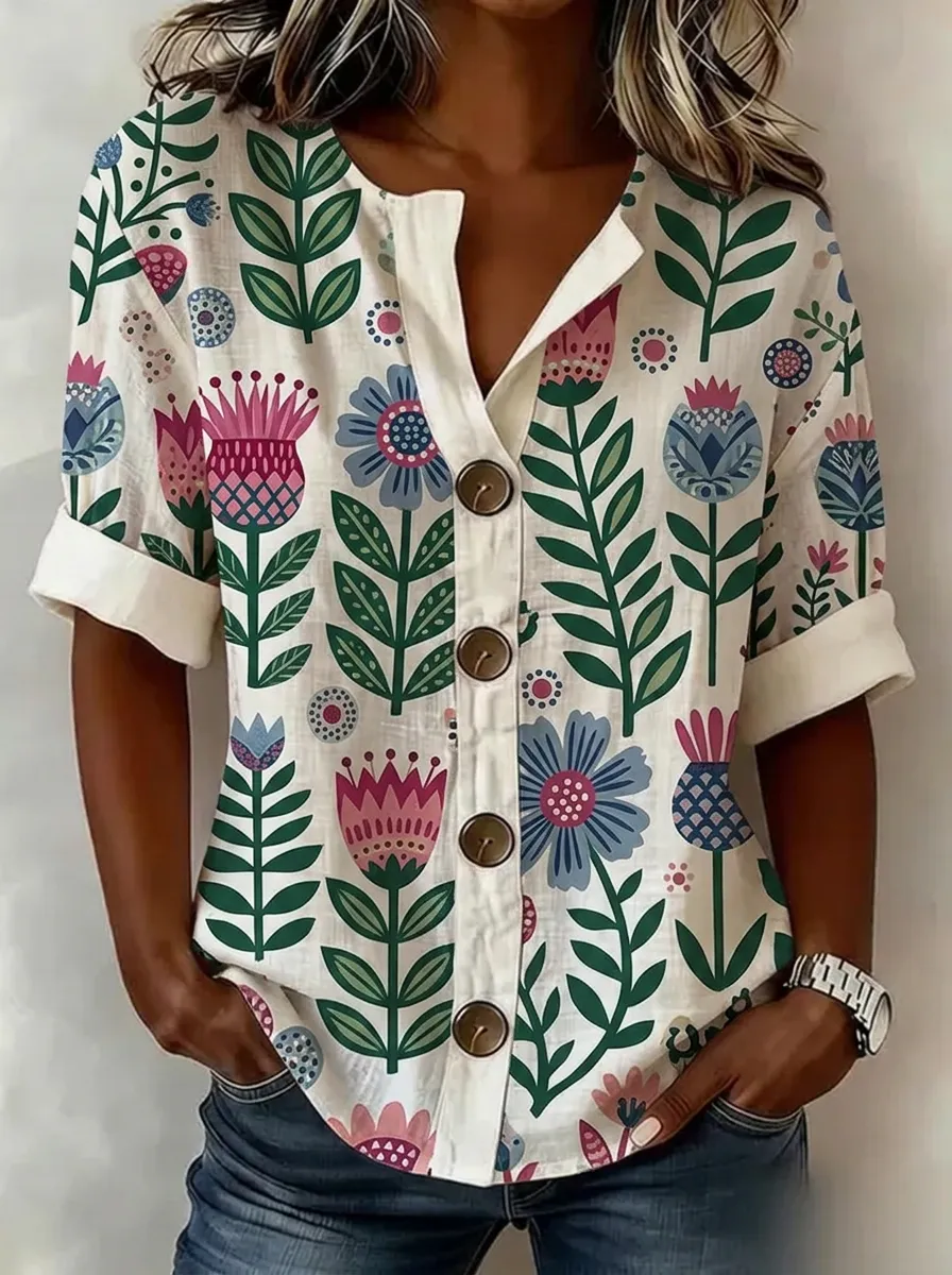 Women's Nashville Floral Botanical Printed Button-up Shirt