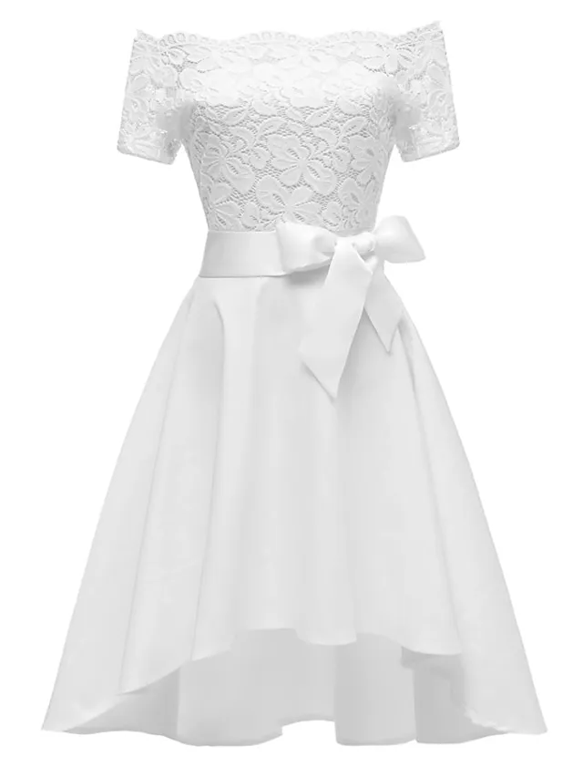 Women's Black Dress Party Dress Lace Dress Knee Length Dress White Pink Wine Short Sleeve Pure Color Lace Summer Spring Fall Off Shoulder Elegant Party Wedding Guest Birthday 2022 S M L XL XXL