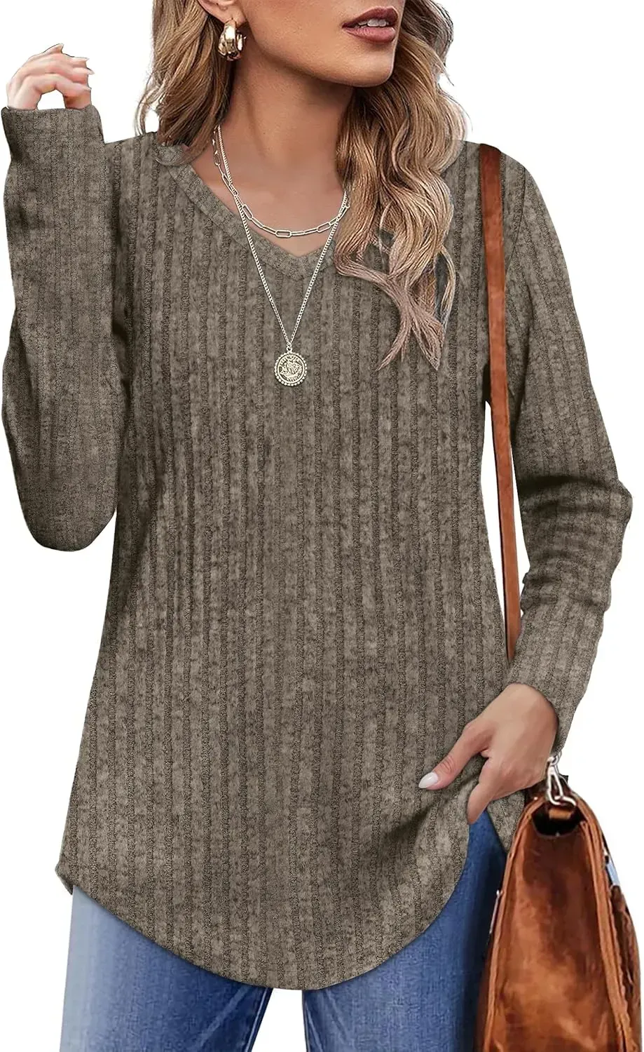 OFEEFAN Long Sleeve Shirts for Women Lightweight Crew Neck Casual Tunic Tops