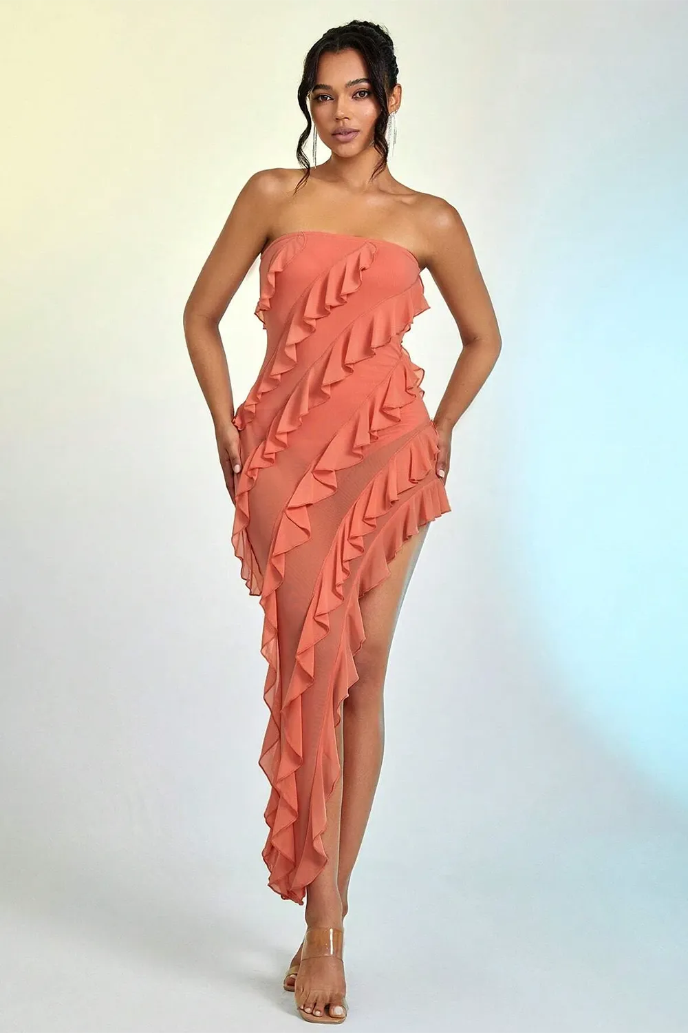 Ruffle Trim Asymmetrical Hem Mesh Tube Dress