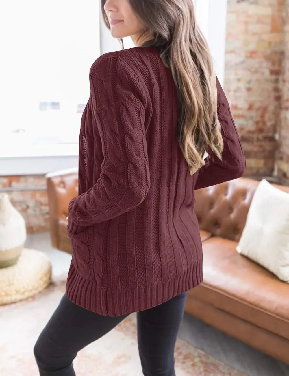 MEROKEETY Women's 2024 Fall Long Sleeve Cable Knit Sweater Open Front Cardigan Button Loose Outerwear