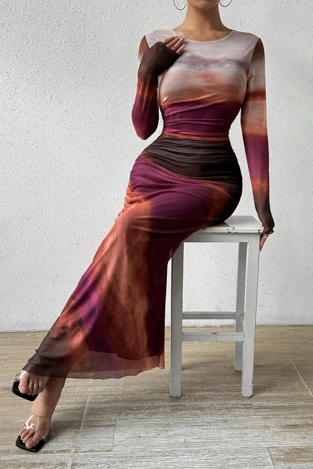 Women's Tie Dye Long Sleeve Pleated Dress Multicolor