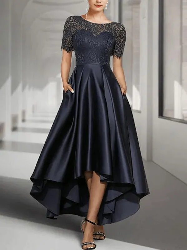 A-Line Scoop Neck Asymmetrical Satin Lace Mother of the Bride Dress With Pockets